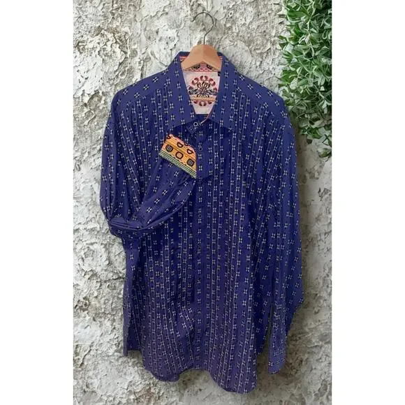 Robert Graham Textured Shirt Sz. 3XL Blue Geometric Flip Cuff Button EUC - Picture 2 of 11